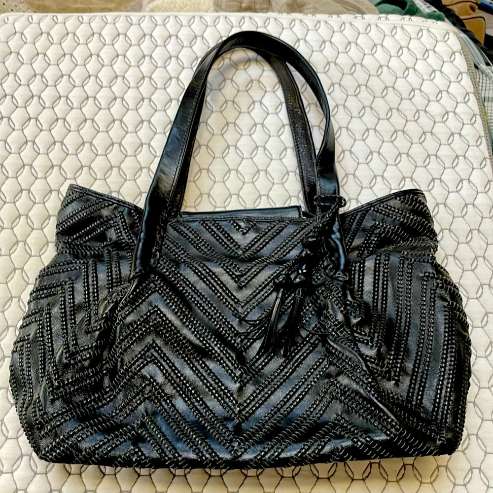 Sondra Roberts Black Leather Shoulder Tote Bag